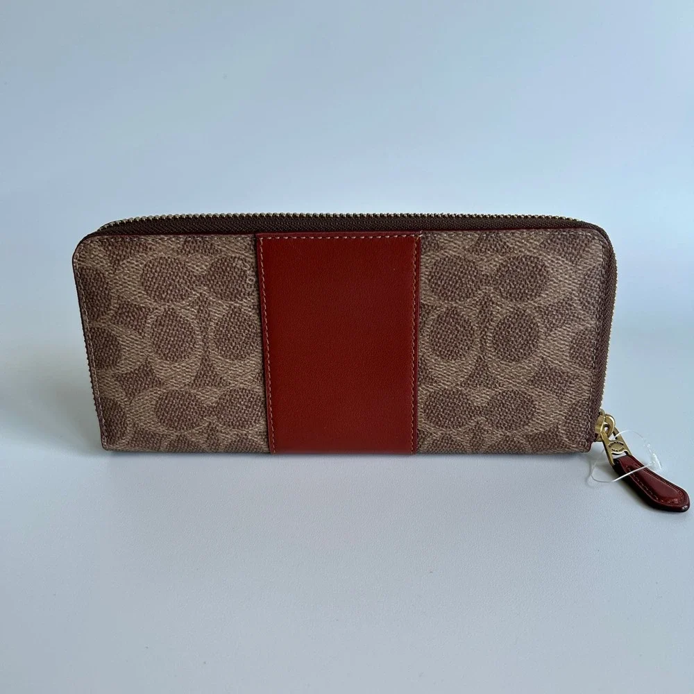 Coach Accordion Zip Brown Signature Canvas Red Leather Wallet Excellent
